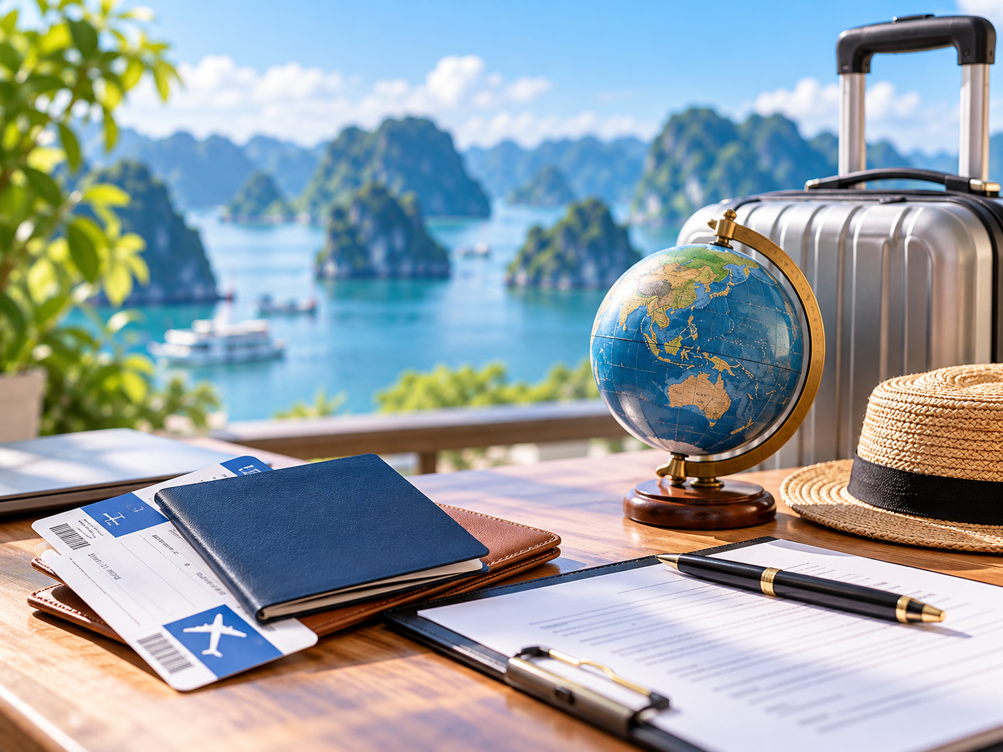 Travel insurance documents, passport and luggage